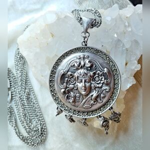 Vintage Goldette 1960s Art Nouveau Revival Goddess Medallion Necklace w/ Charms